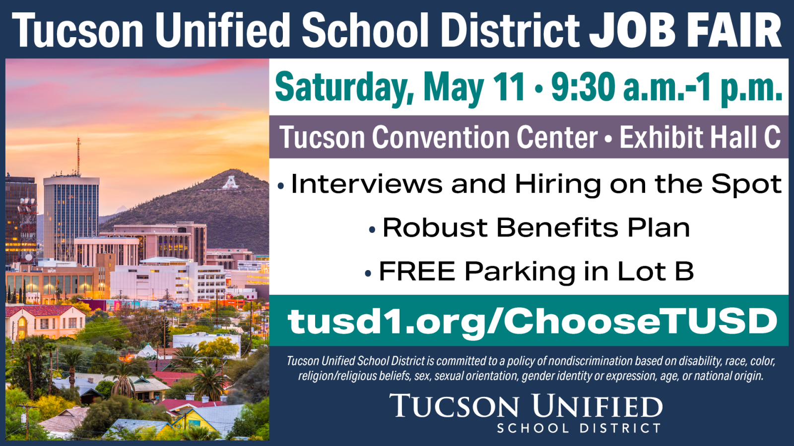 Join us on Saturday May 11 from 9:30 am - 1:00 pm at the Ƶapp Convention Center Exhibit Hall C (260 S. Church Ave.) for the Ƶapp Unified School District Job Fair!  Interviews and Hiring on the Spot Robust Benefits Plan FREE Parking in Lot B  